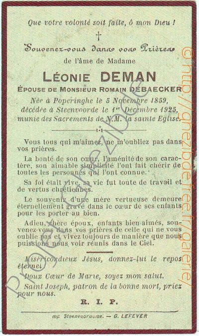 Léonie DEMAN épouse de Romain DEBAECKER, décédée à Steenvoorde, le 01 Décembre 1925 (66 ans).